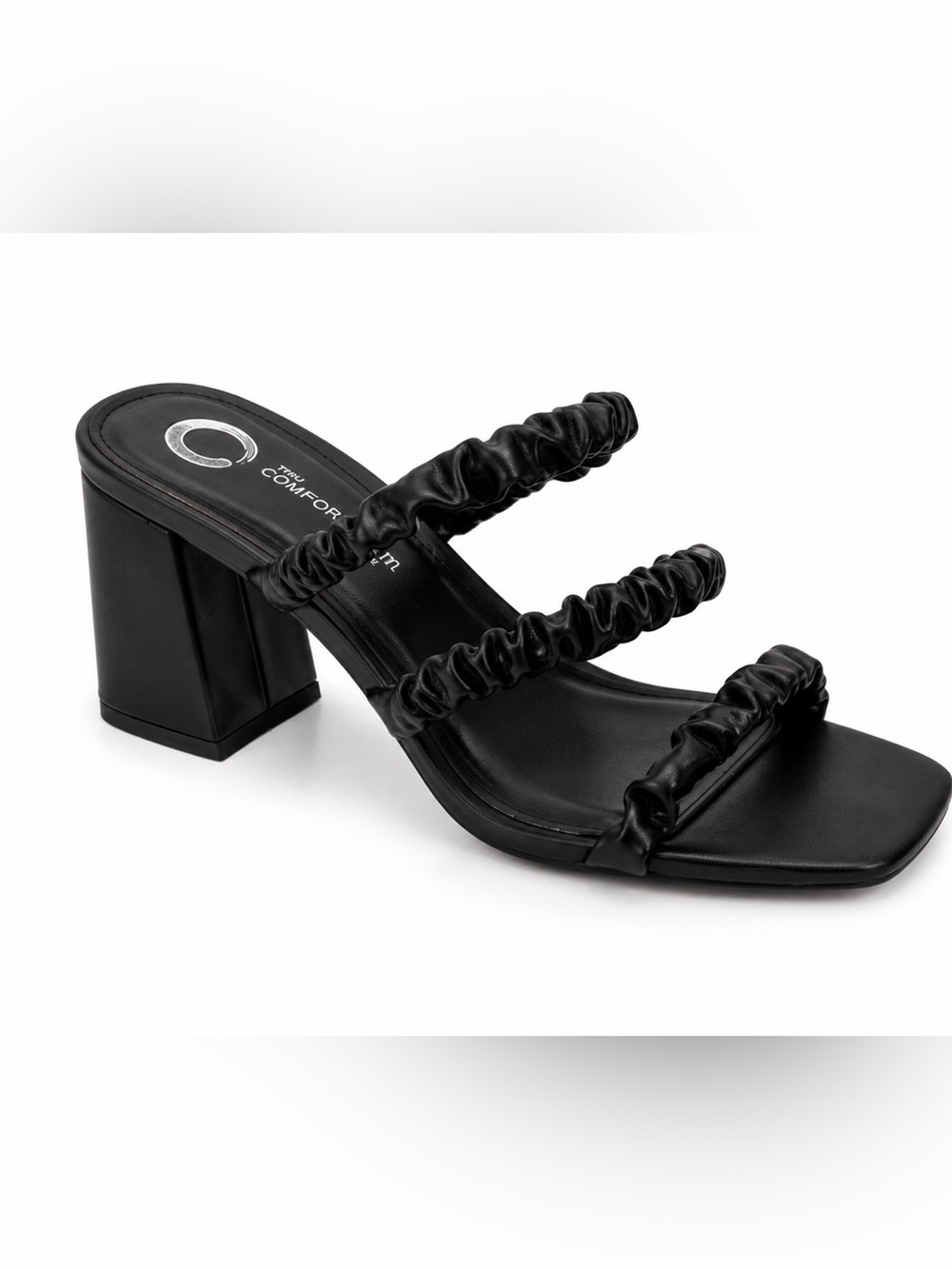 228.  Tru Comfort Foam Black Ruched Triple-Strap Heeled Sandal